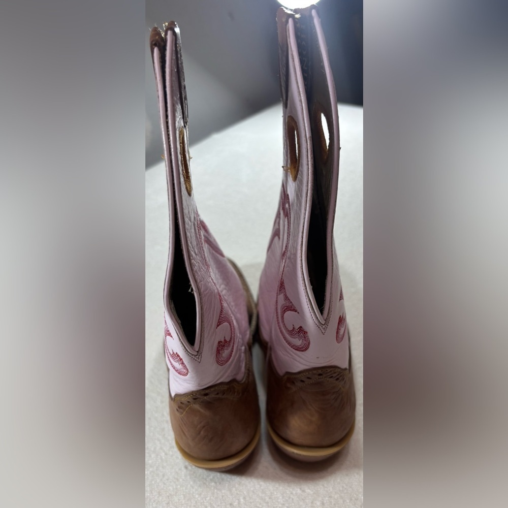 Hondo Boots Womens Brown Pink Leather Western Cowboy Square Toe Pull On USA - Picture 2 of 8